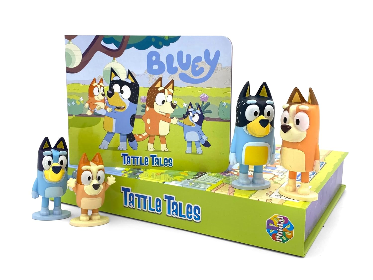 Bluey Tattle Tales board book back cover showing storybook features for ages 3-5
