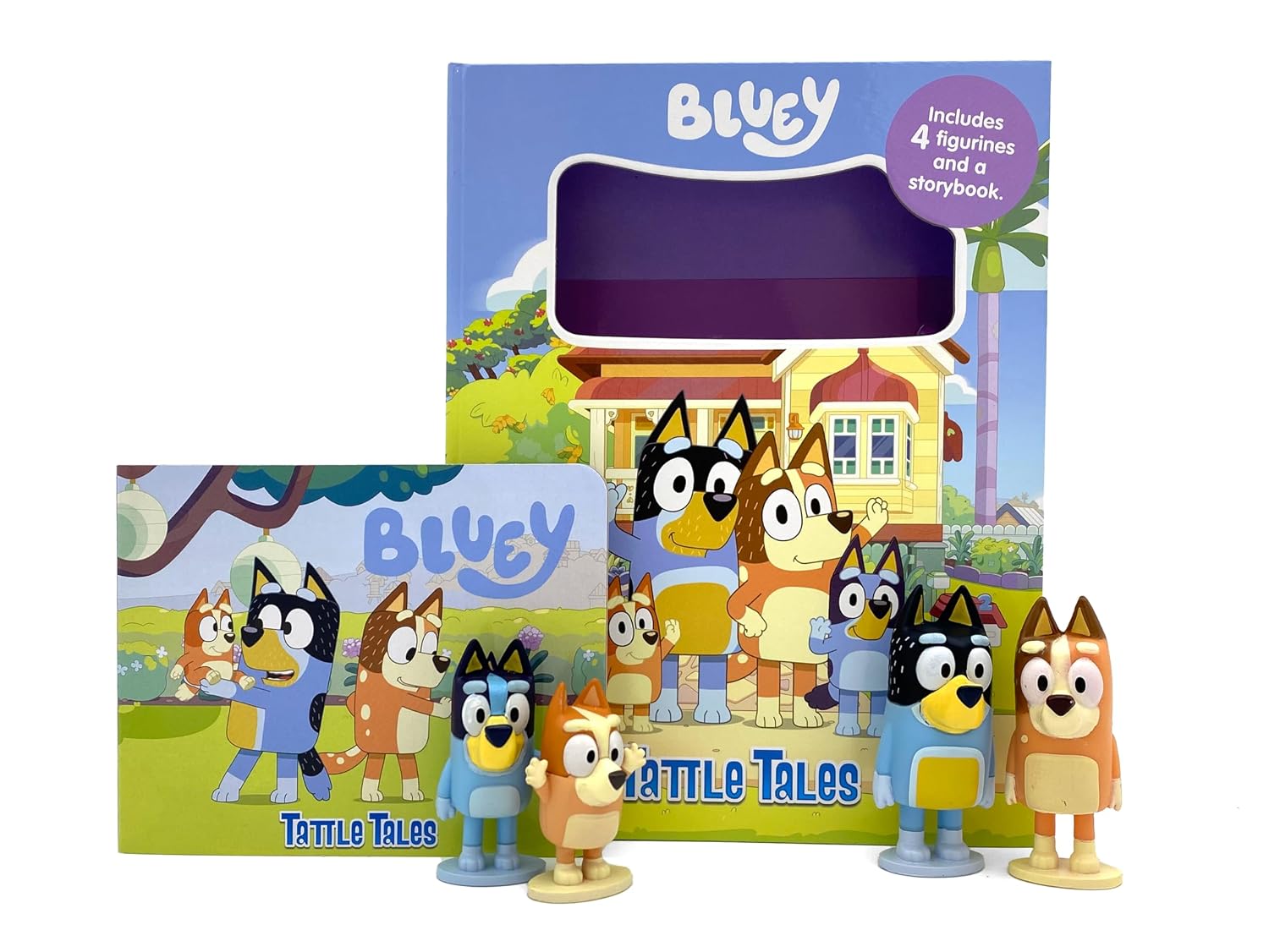 Bluey Tattle Tales board book front cover with 4 figurines - Mum, Dad, Bluey and Bingo