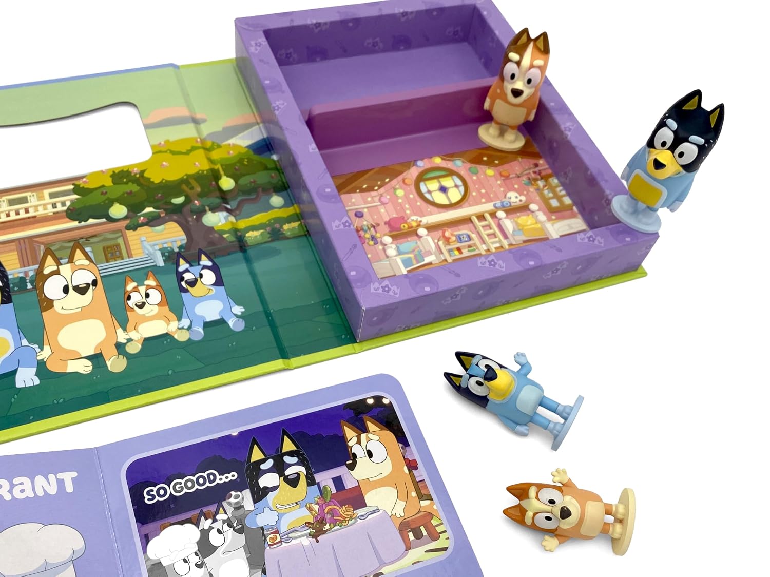 Close up of Bluey Tattle Tales plastic figurines - Bluey, Bingo, Mum and Dad