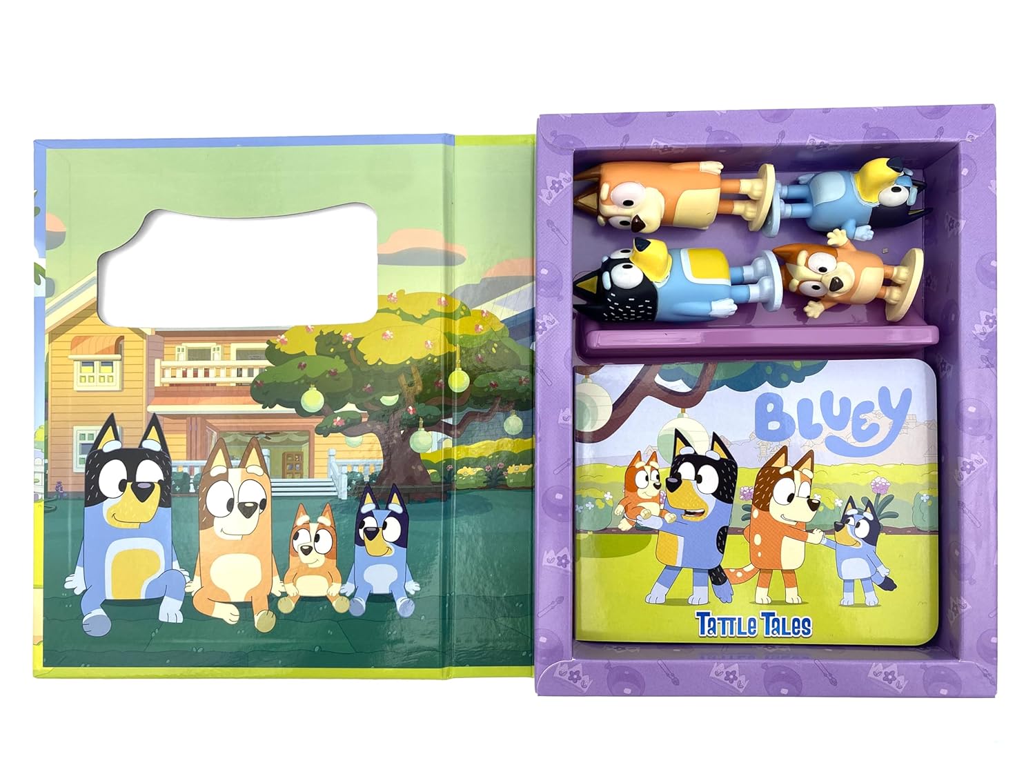 Bluey Tattle Tales figurines stored inside board book pages
