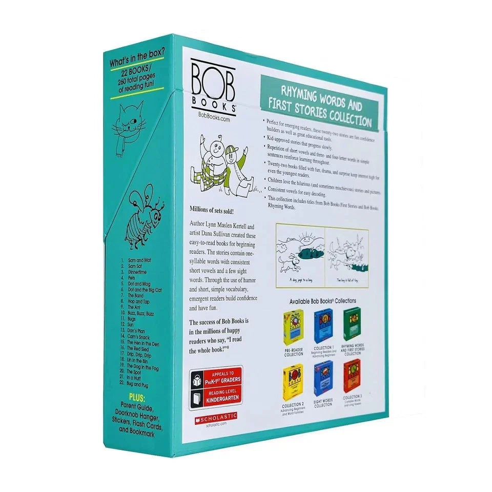 BOB Books Collection 6 box set contents including parent guide, puzzle flashcards, stickers and bookmark
