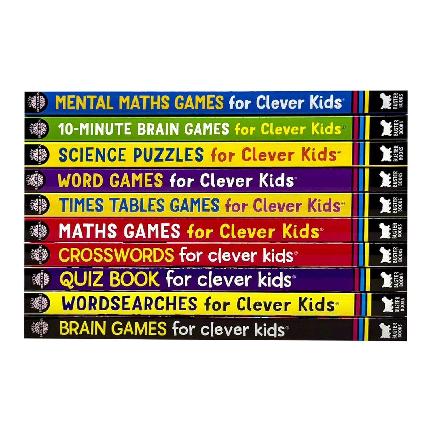 Clever Kids puzzle book set showing wordsearches, crosswords and maths games titles