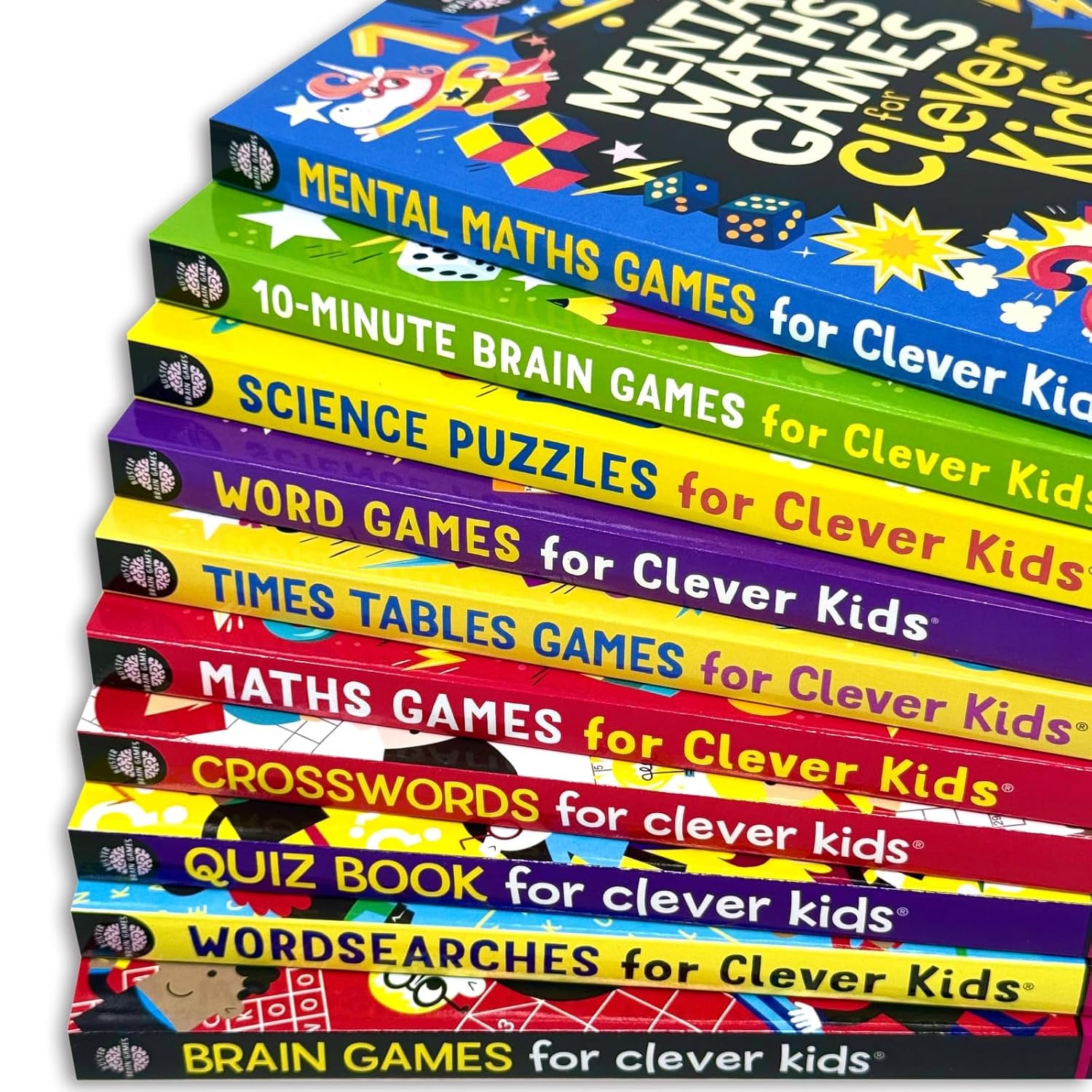 Ten paperback Clever Kids brain games books by Dr Gareth Moore stacked together