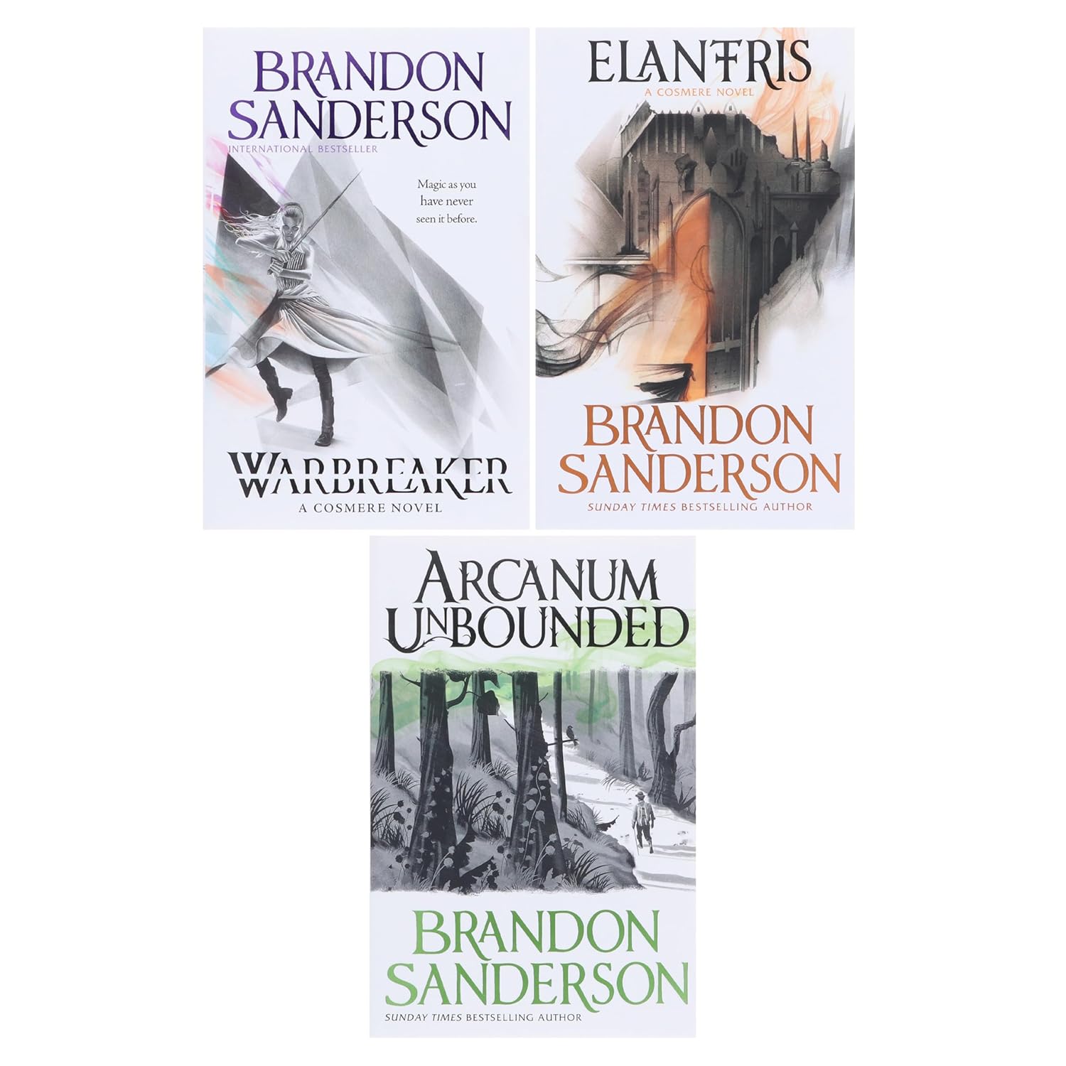 Close-up of Brandon Sanderson Arcanum Unbounded paperback cover in the Cosmere 3 book set