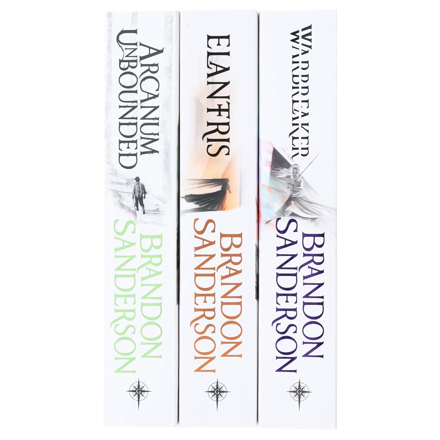 Close-up of Brandon Sanderson Elantris and Warbreaker paperback covers in the Cosmere 3 book set