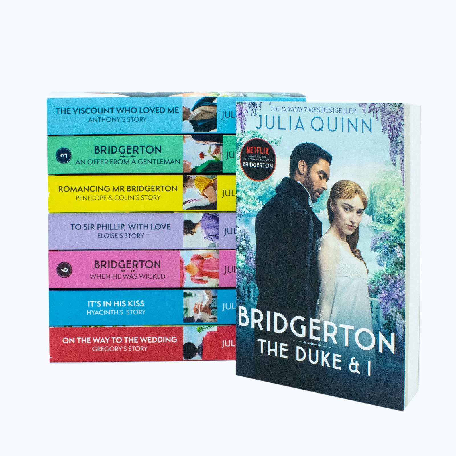 Bridgerton Family Series Books 1-8 Collection Set by Julia Quinn - Paperback - all eight books displayed