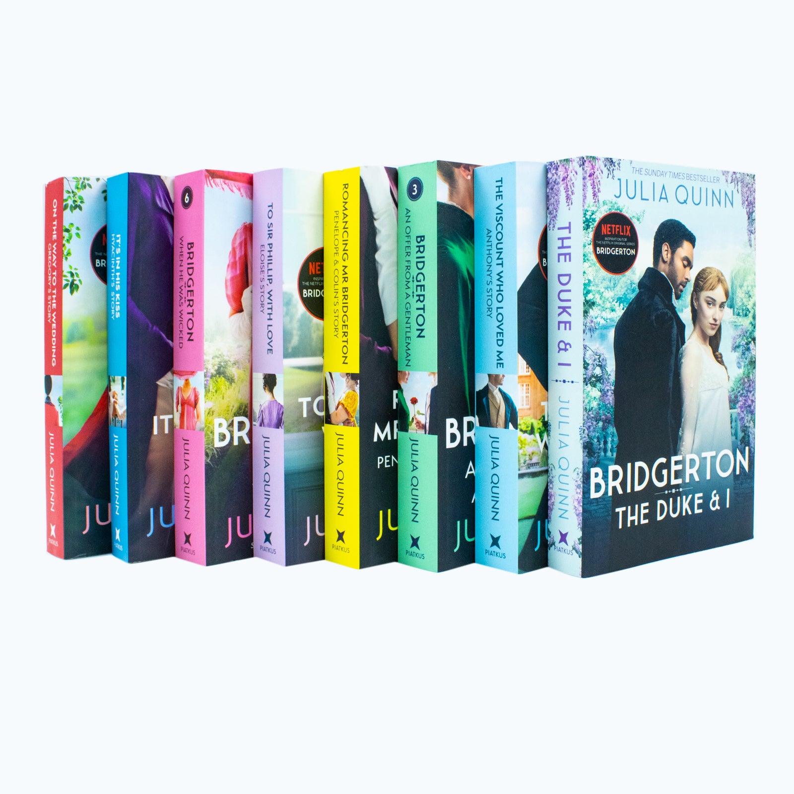 Bridgerton Family Series Books 1-8 Collection Set by Julia Quinn - Paperback - close up of book spines