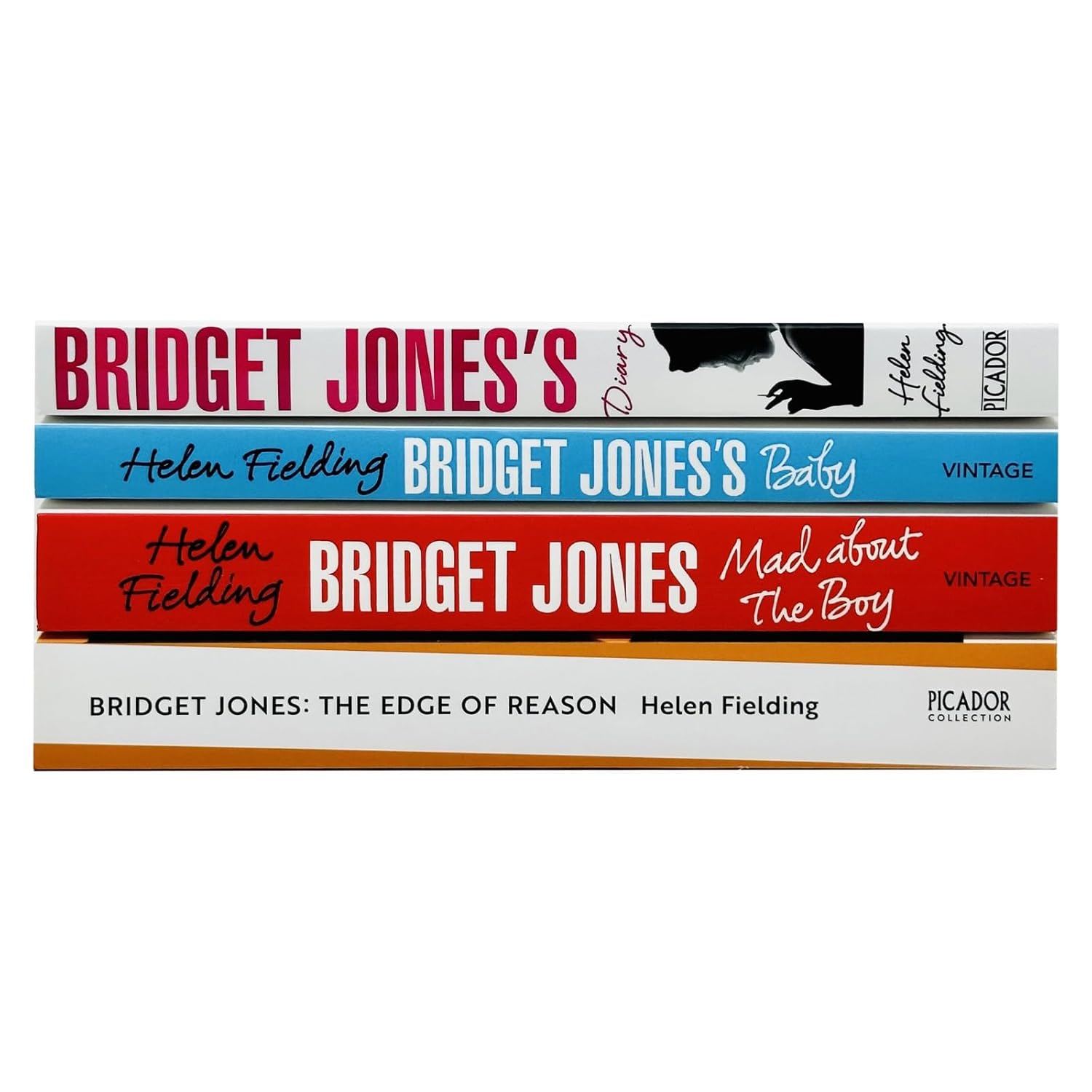 Bridget Jones 4 book paperback collection by Helen Fielding showing all titles including Diary, Edge of Reason, Mad About the Boy and Baby