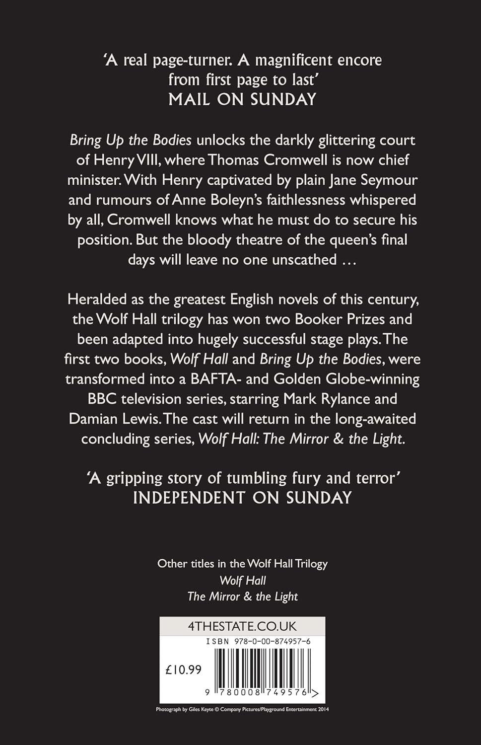 Bring Up the Bodies by Hilary Mantel - Wolf Hall Trilogy historical fiction paperback back cover