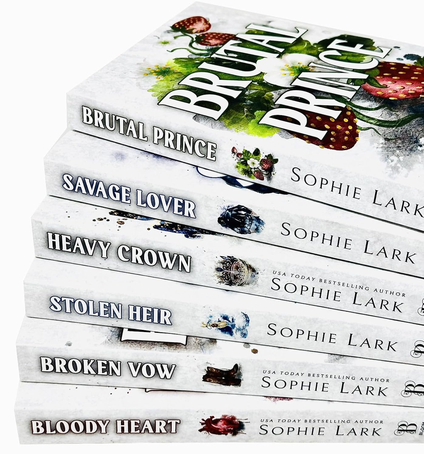 Close-up of Brutal Birthright Series 6 book collection set covers by Sophie Lark, adult romance paperback