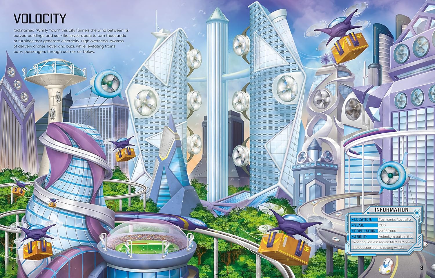 Build Your Own Futuristic Cities sticker book by Sam Smith and Gong Studios - Usborne paperback for ages 5 plus - back cover detail