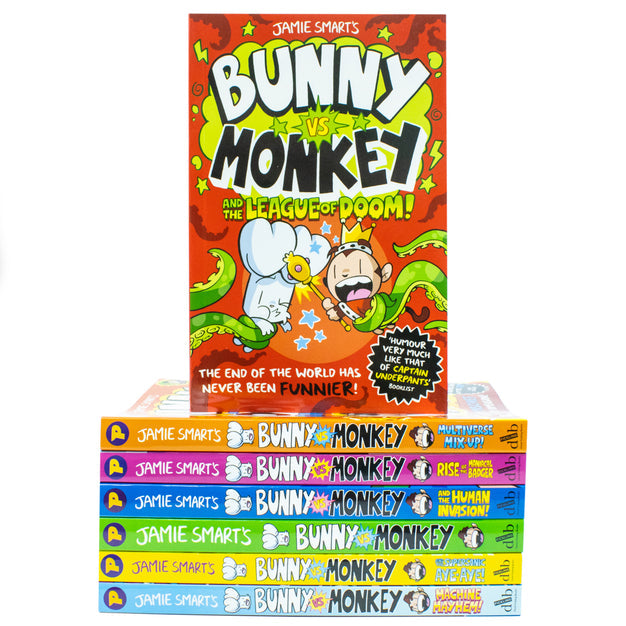 Close-up of Bunny vs Monkey 7 book paperback set covers by Jamie Smart, David Fickling Books
