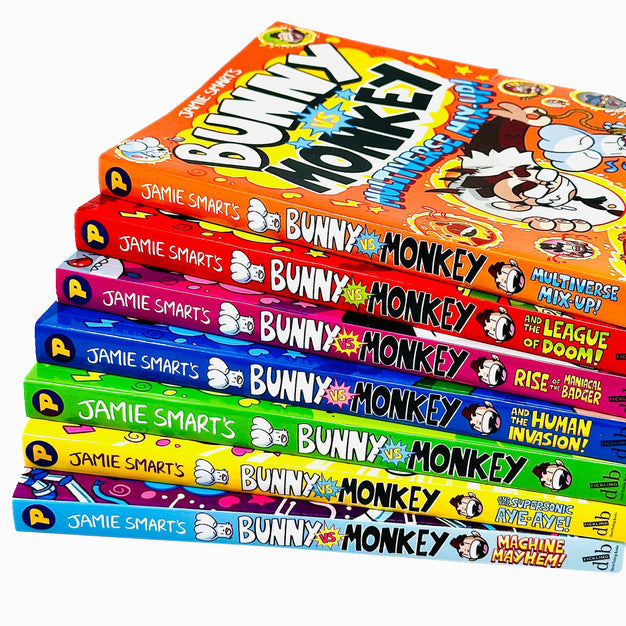 Bunny vs Monkey graphic novel paperback books from the 7 book collection set by Jamie Smart, including Machine Mayhem