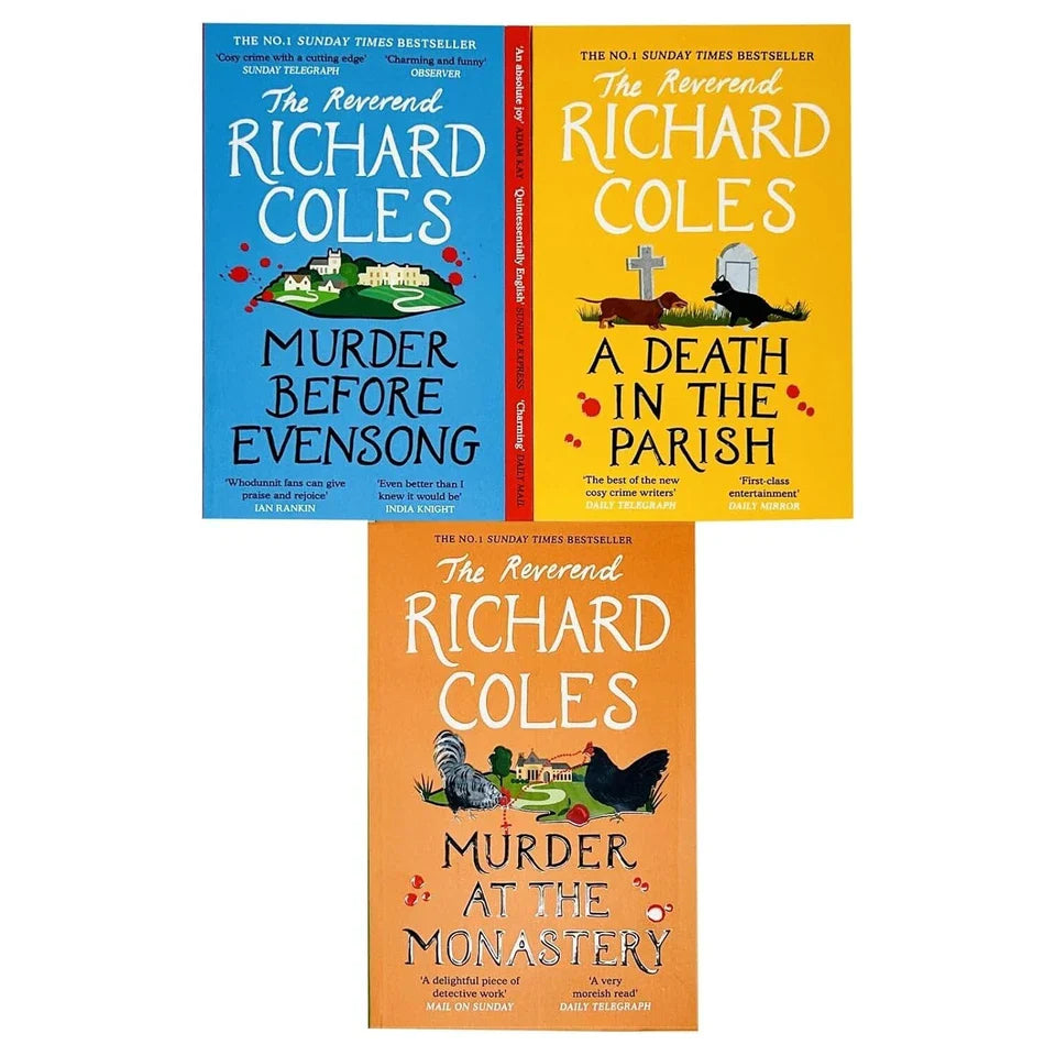 Hardback covers of the Canon Clement Mysteries trilogy by Reverend Richard Coles - cosy crime fiction set