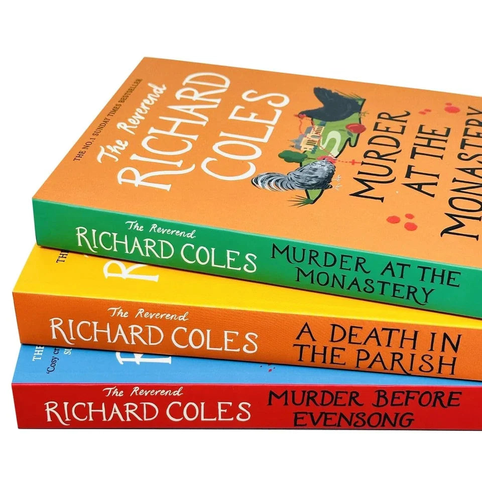 Close-up of Canon Clement Mysteries hardback book collection by Reverend Richard Coles for adult fiction readers