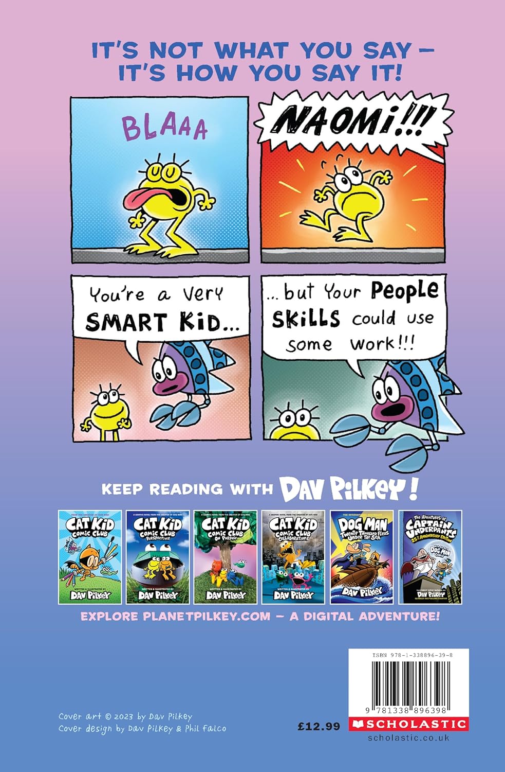 Cat Kid Comic Club 5: Influencers by Dav Pilkey - hardback back cover with blurb, ages 7+