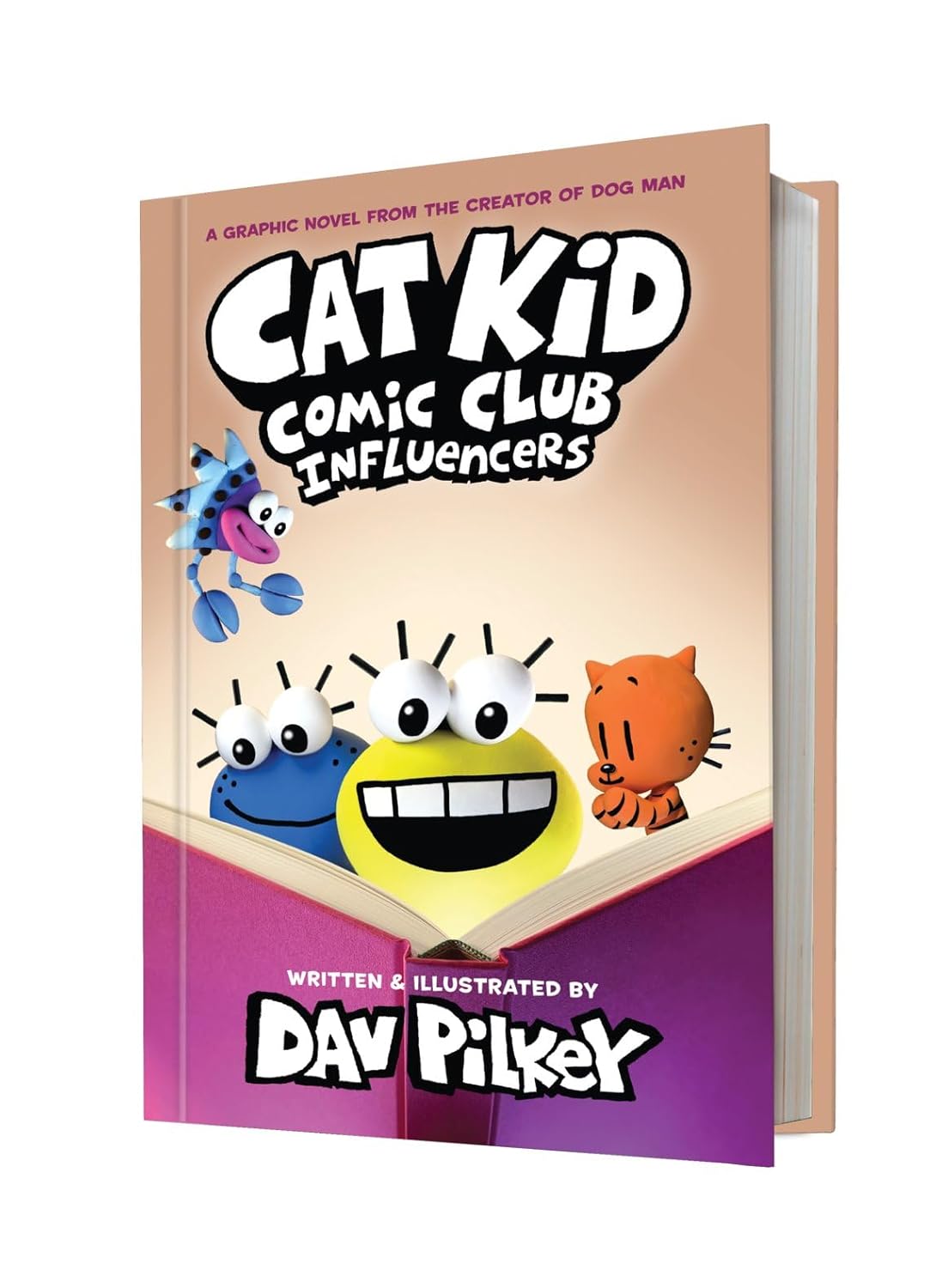 Cat Kid Comic Club 5: Influencers by Dav Pilkey - hardback graphic novel front cover, ages 7+