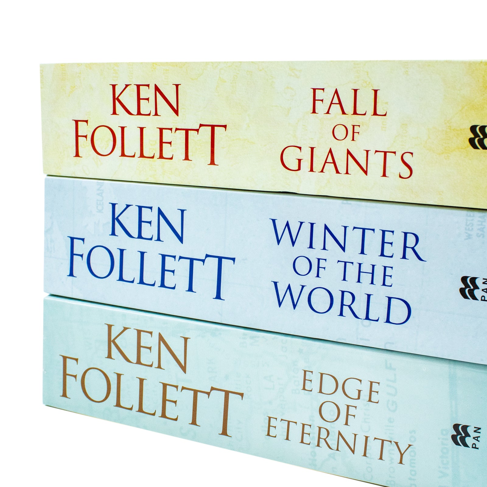 Ken Follett Century Trilogy Paperback Books Set - Fall of Giants, Winter of the World, Edge of Eternity Spines