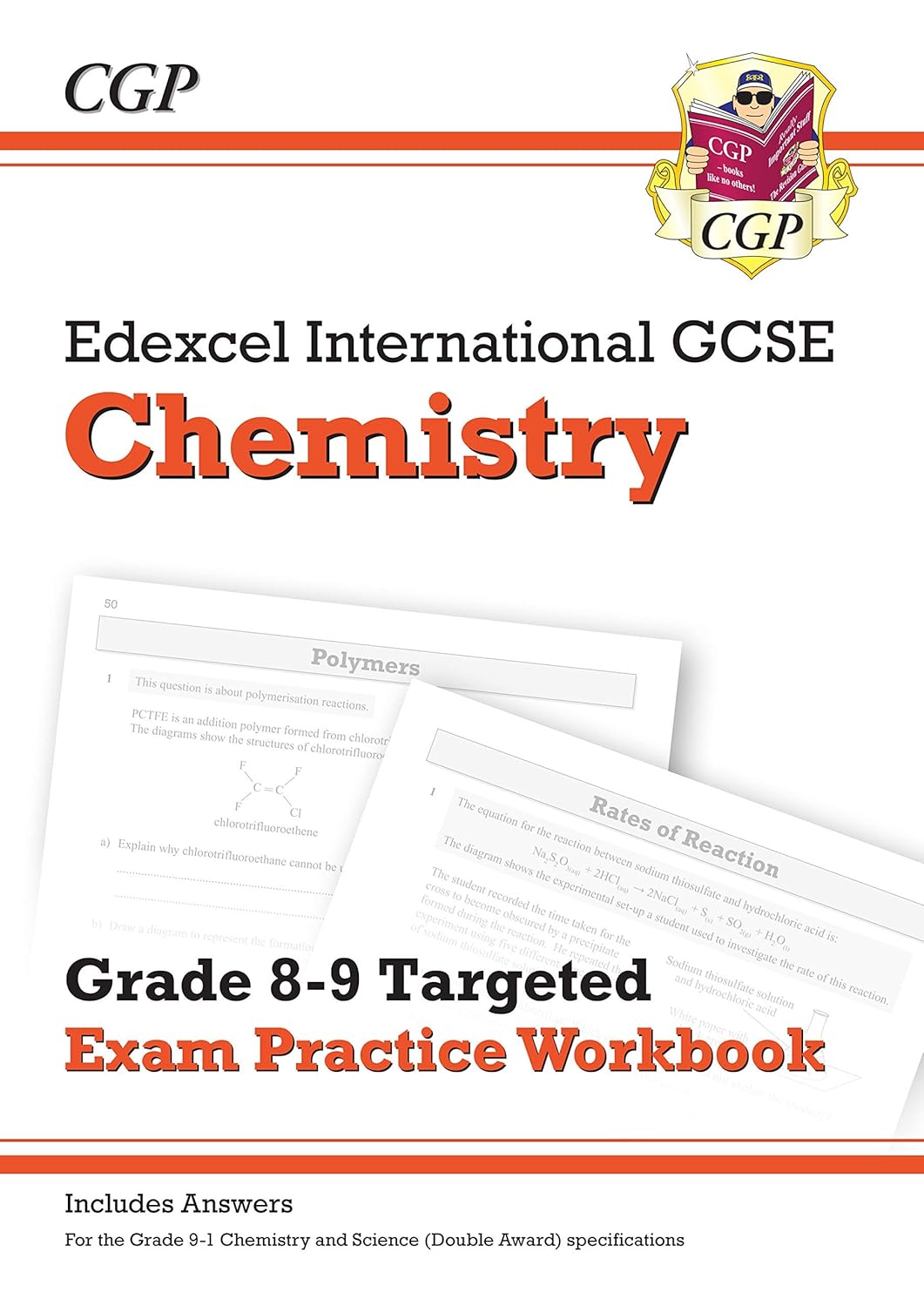 Inside pages of CGP IGCSE 9-1 Edexcel Chemistry, Biology and Physics Grade 8-9 Targeted Exam Practice Workbooks