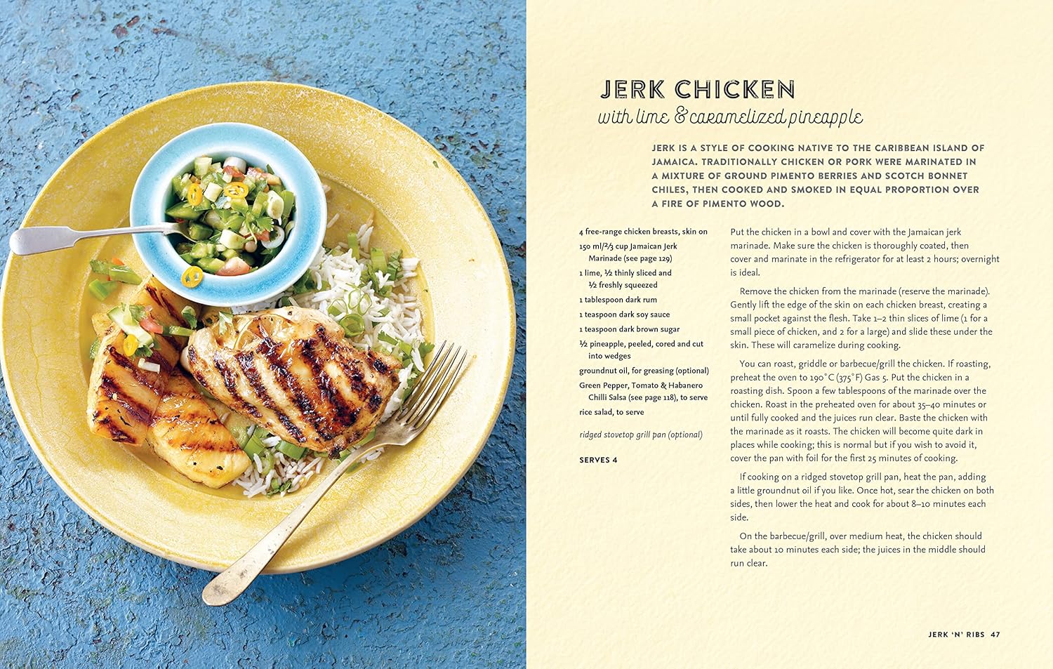 Chef Tee's Caribbean Kitchen hardback cookbook - inside page featuring Caribbean grill and spice recipes