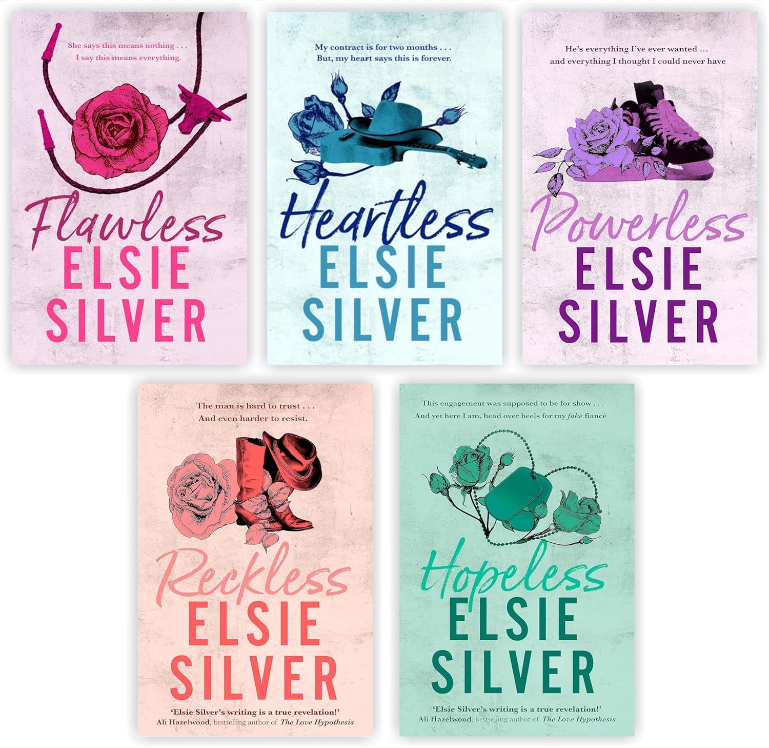 Chestnut Springs 5 book set by Elsie Silver - Flawless Heartless Powerless Reckless Hopeless paperback covers