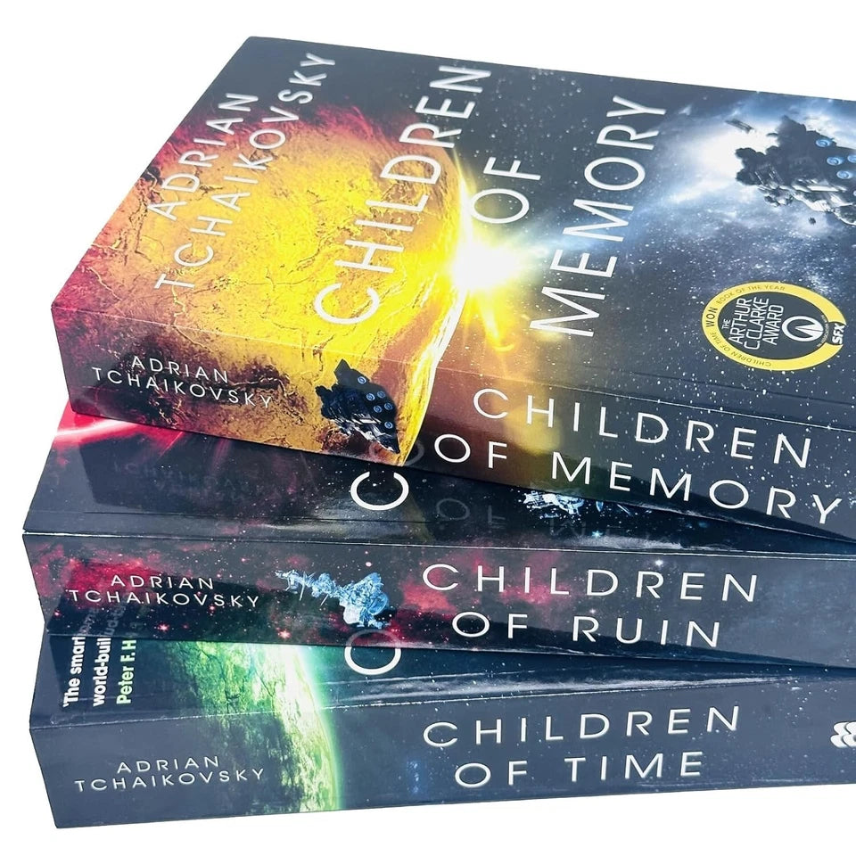 Children of Time, Children of Ruin and Children of Memory paperback books stacked together