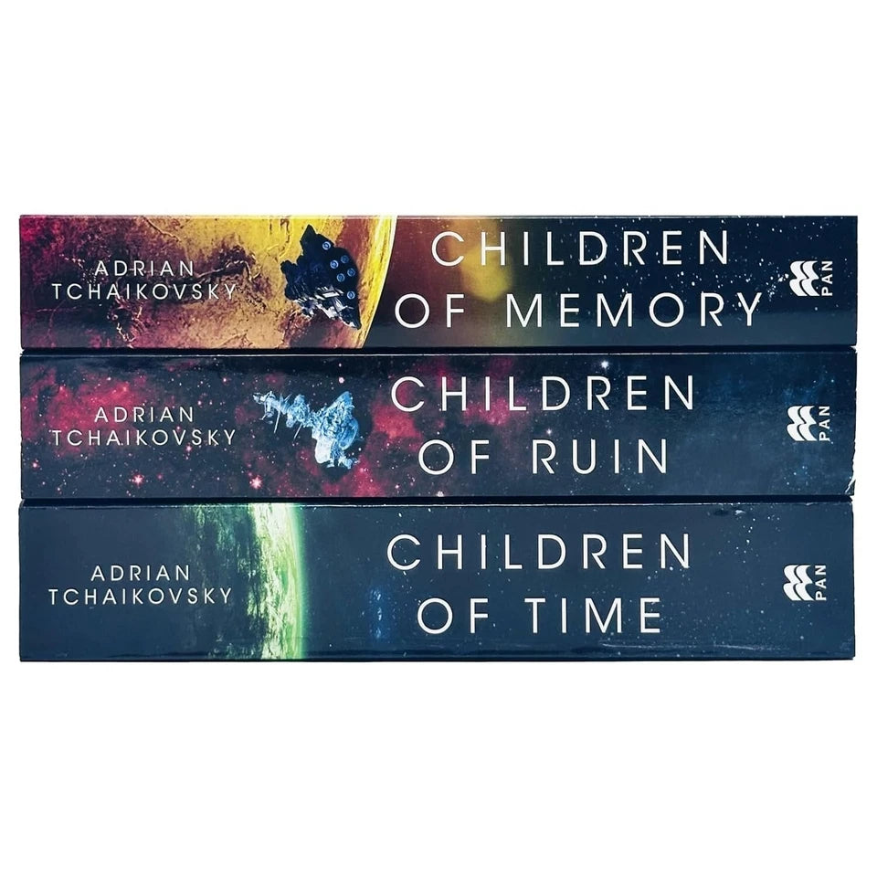 Adrian Tchaikovsky Children of Time trilogy paperback set spines showing all three titles
