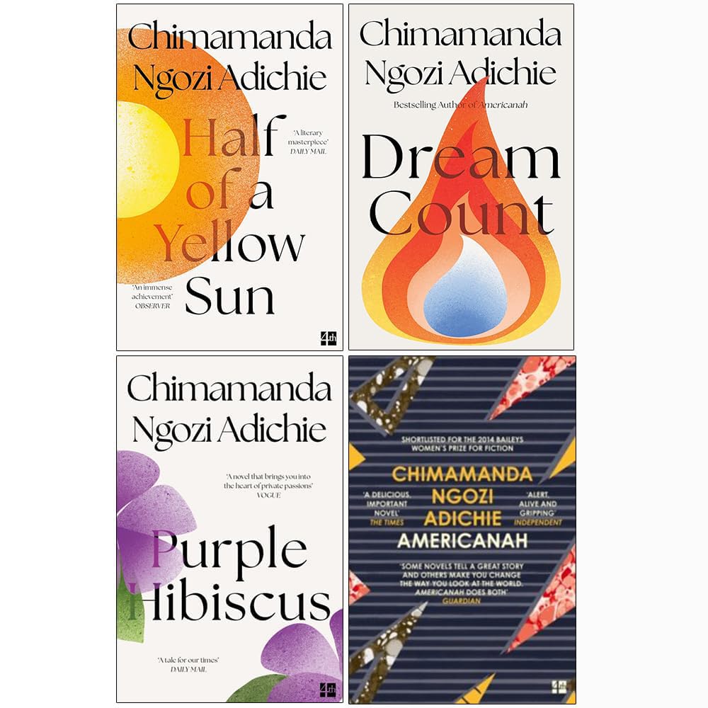 Chimamanda Ngozi Adichie 4 Book Collection Set - paperback fiction including Half of a Yellow Sun, Americanah, Purple Hibiscus and Dream Count