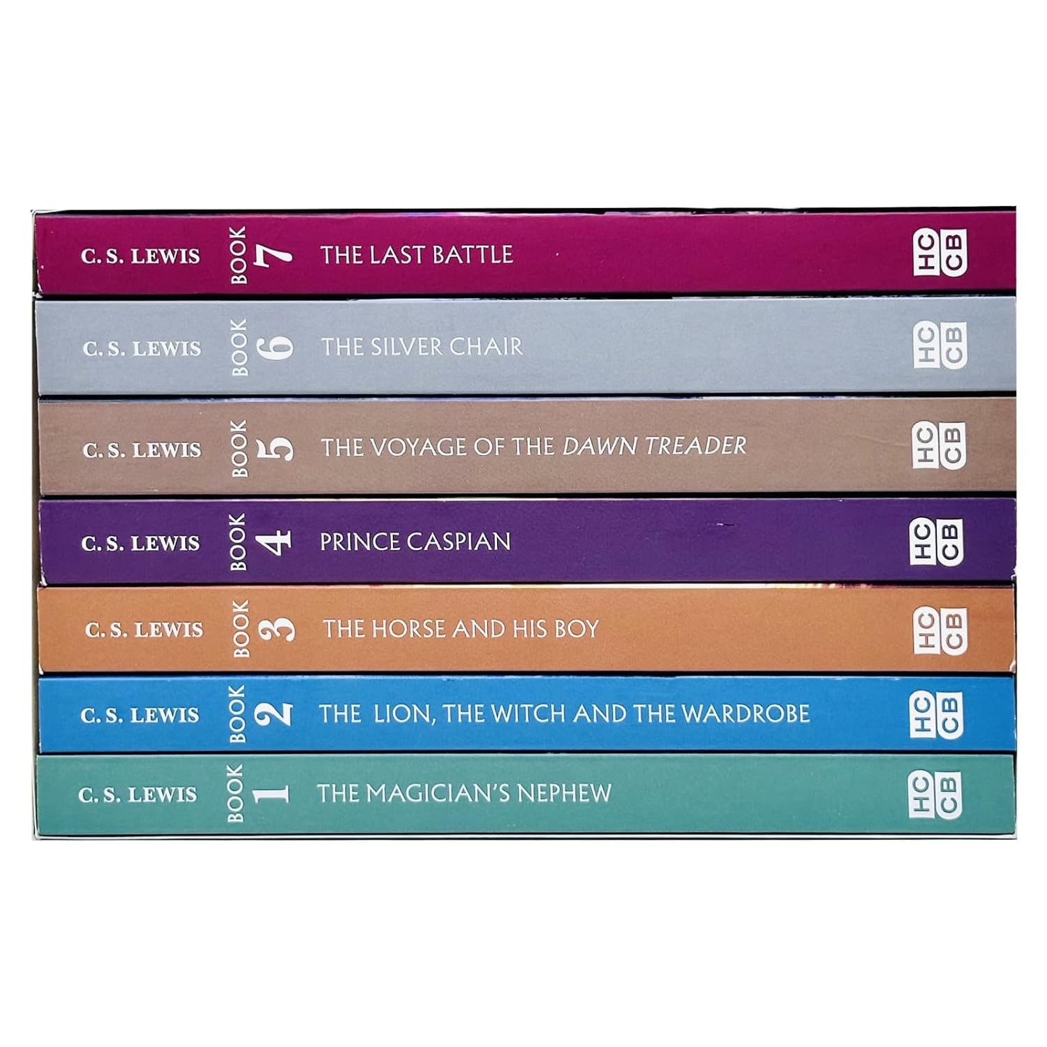 Paperback covers of The Chronicles of Narnia 7 Books Collection Box Set by C S Lewis, a classic fantasy series for children