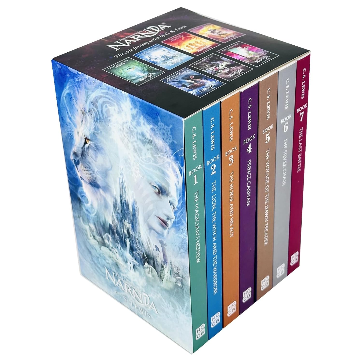 The Chronicles of Narnia paperback box set by C S Lewis showing all seven titles including The Magician's Nephew and The Lion, the Witch and the Wardrobe