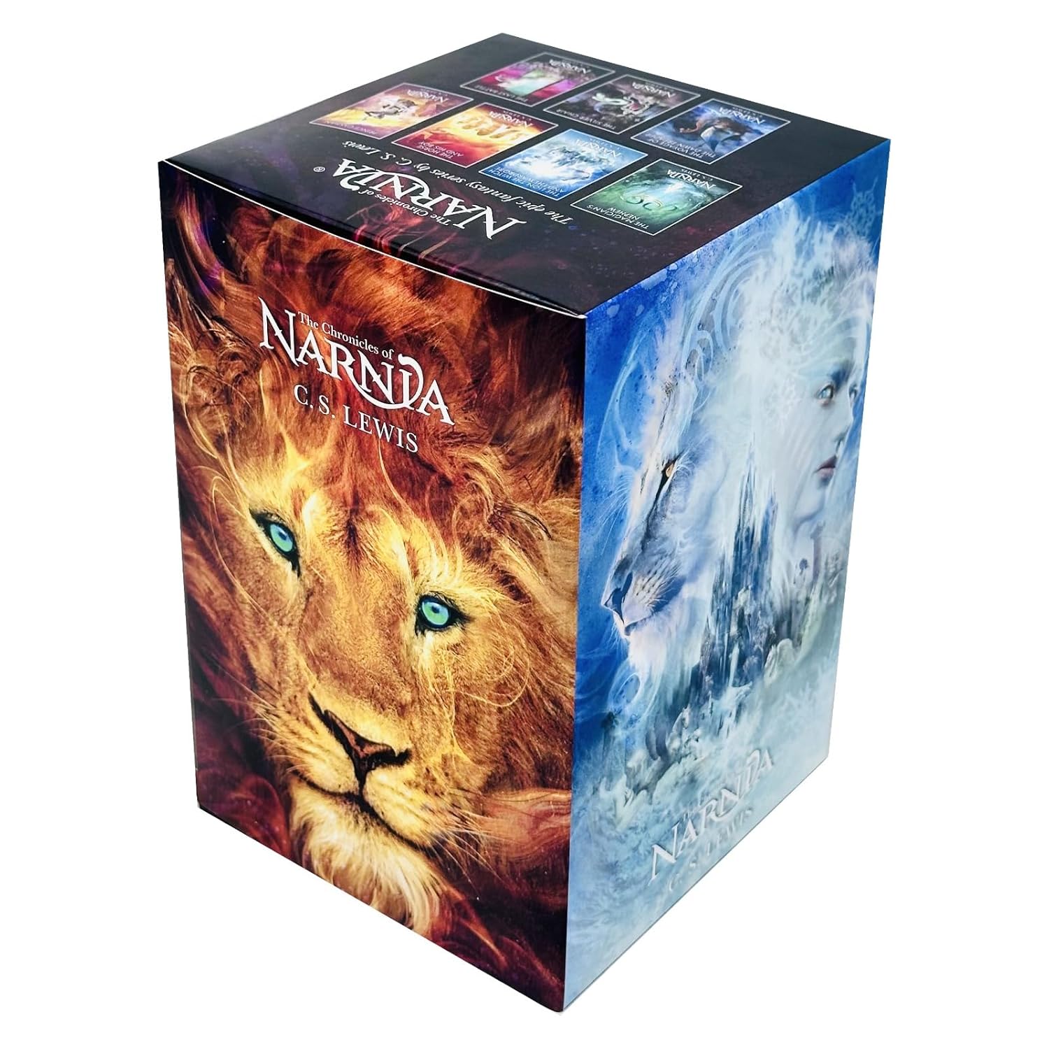 Close up of The Chronicles of Narnia 7 book paperback collection by C S Lewis, ideal gift for children aged 7-11