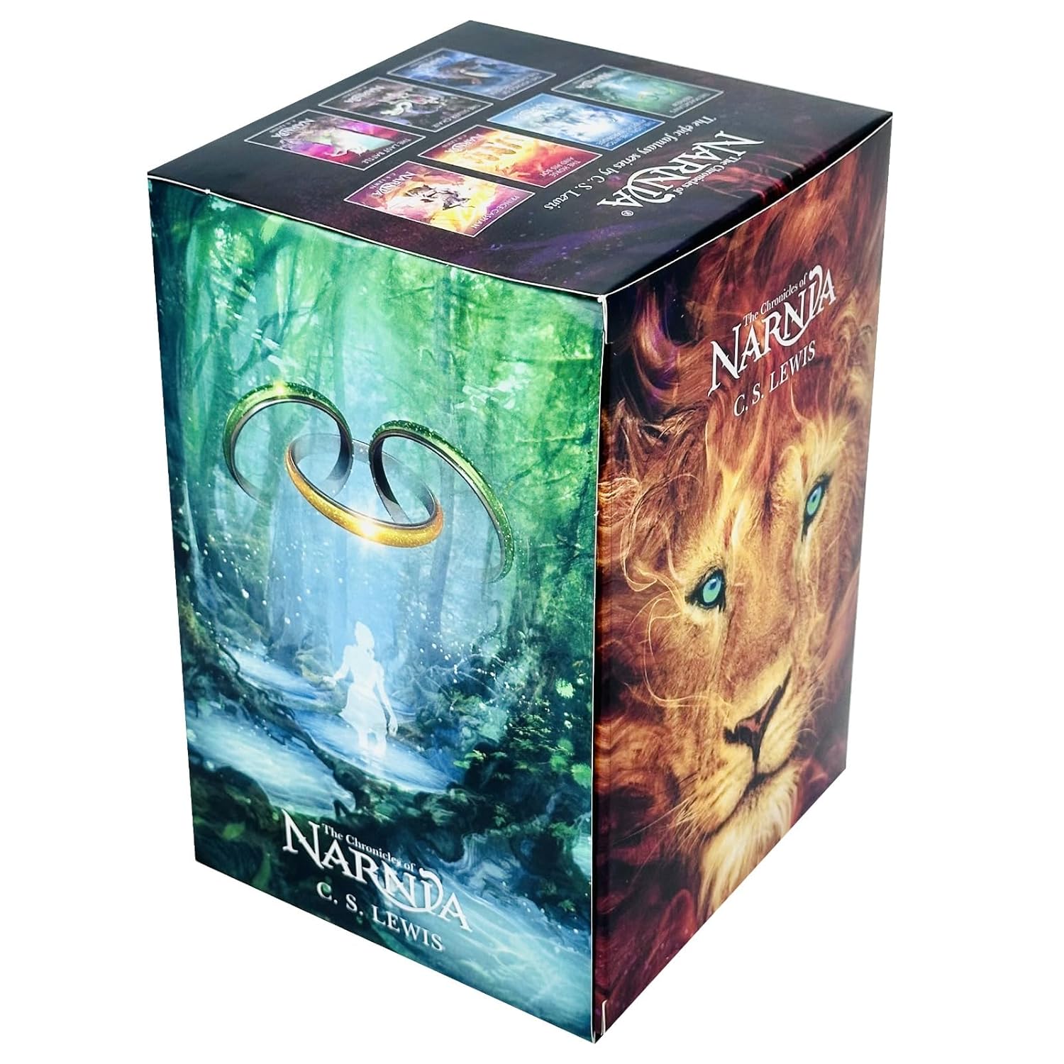 The Chronicles of Narnia box set spines showing all 7 books by C S Lewis in brand new paperback condition