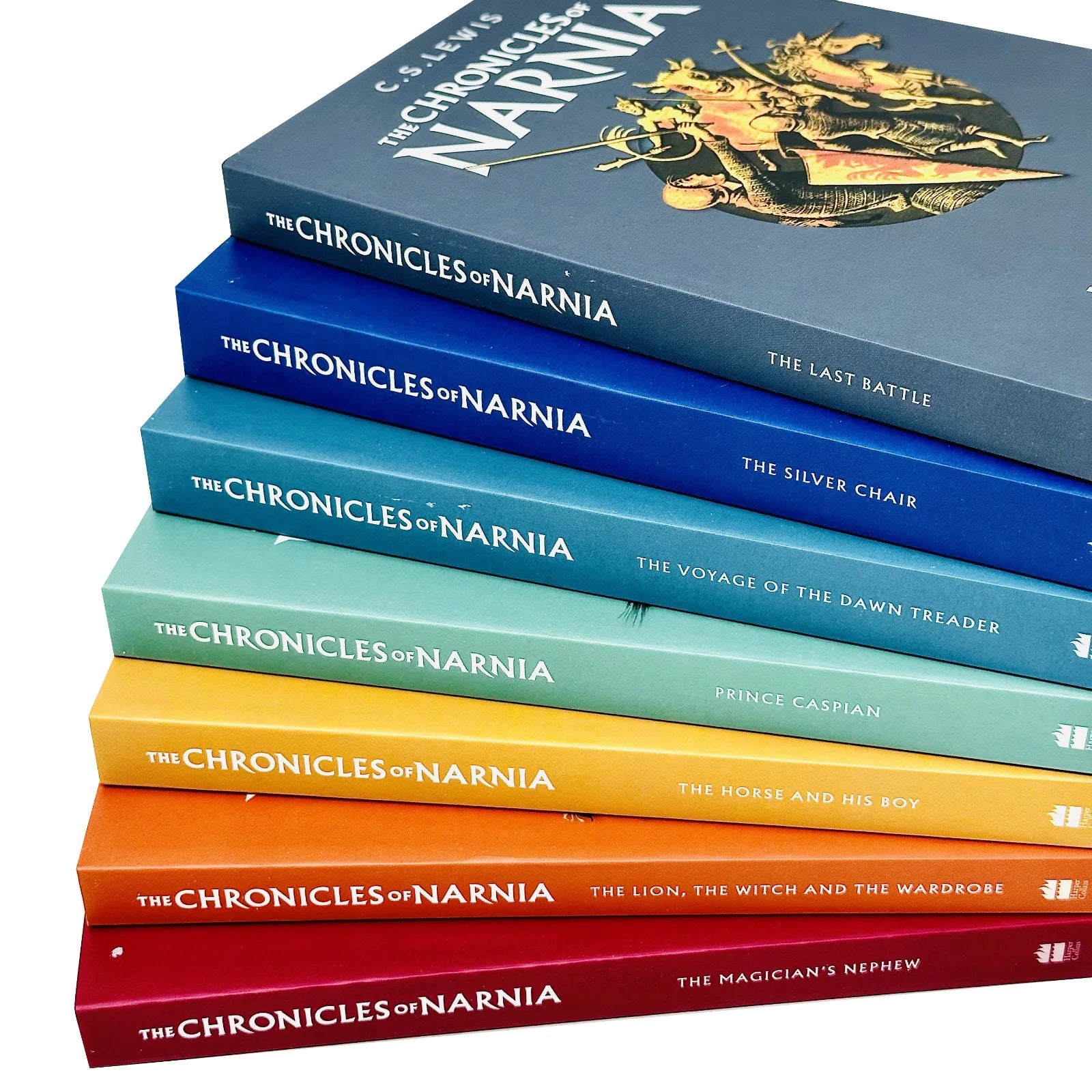 The Chronicles of Narnia paperback box set by C.S. Lewis showing all seven book spines