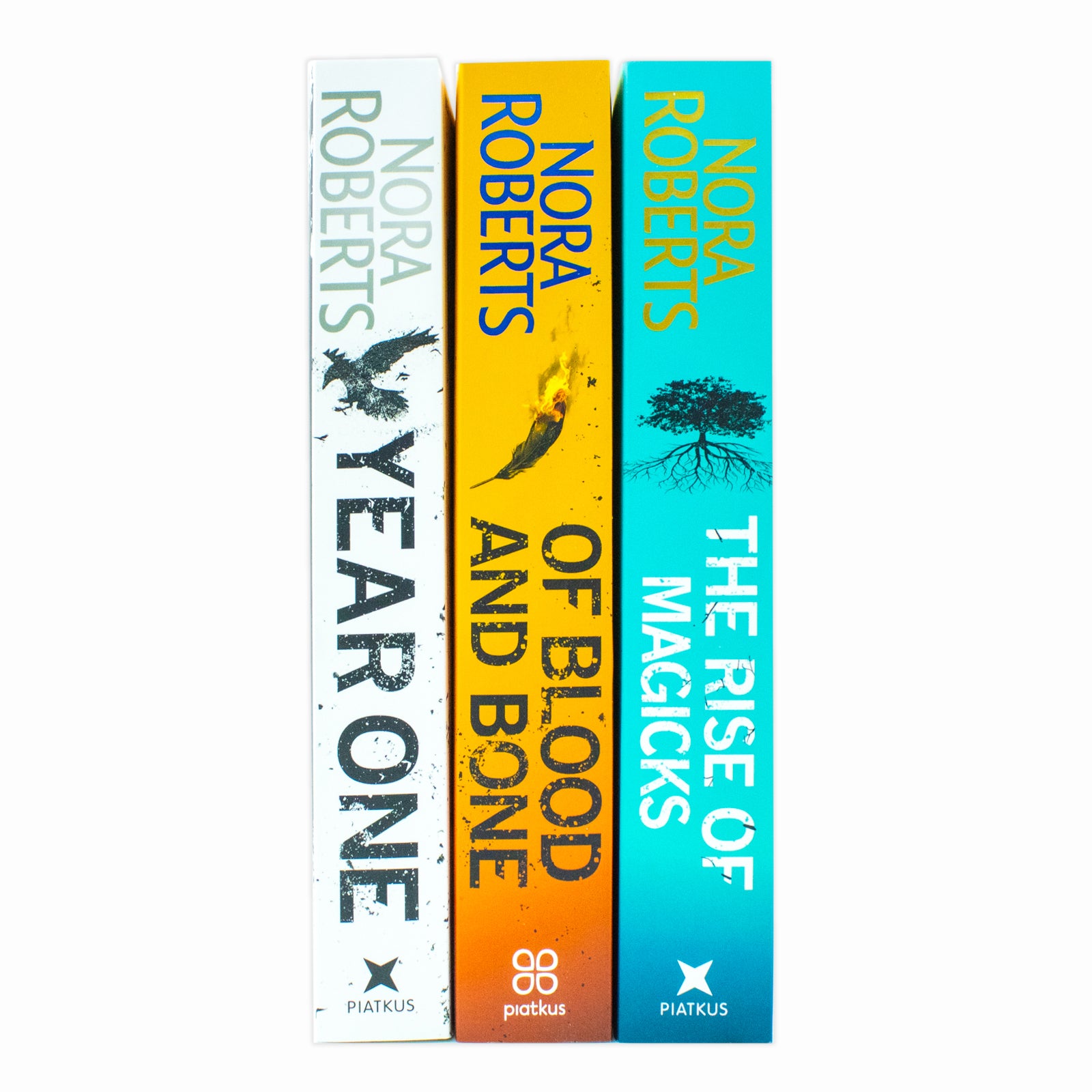 Chronicles of The One paperback trilogy by Nora Roberts - Year One, Of Blood and Bone, The Rise of Magicks book covers