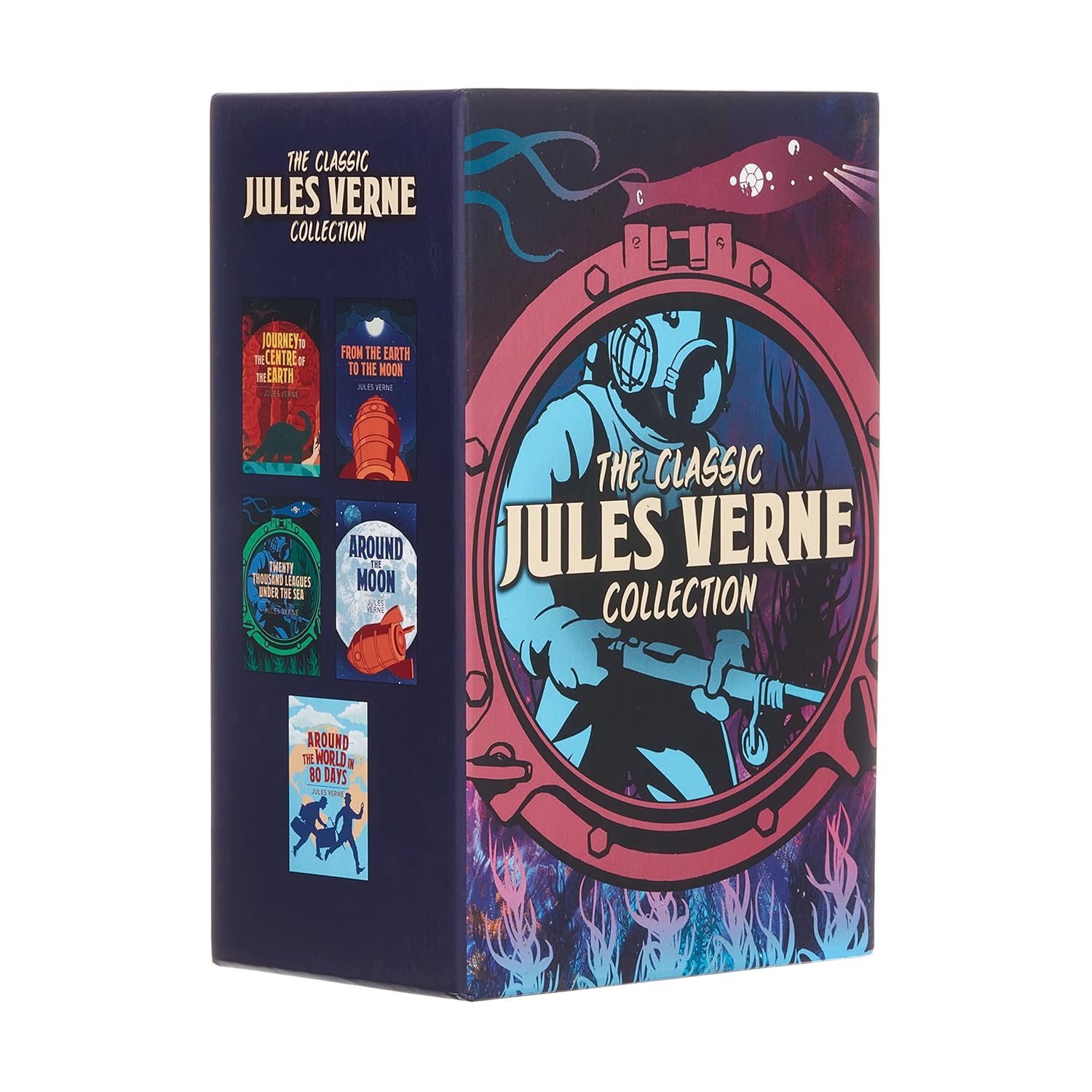 The Classic Jules Verne Collection 5-Book Paperback Box Set by Jules Verne - individual novel spines including Around the World in Eighty Days and Twenty Thousand Leagues Under the Sea