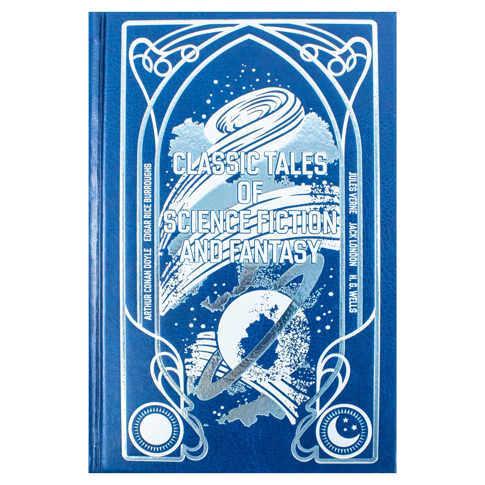 Leather-bound cover detail of Classic Tales of Science Fiction and Fantasy adult anthology