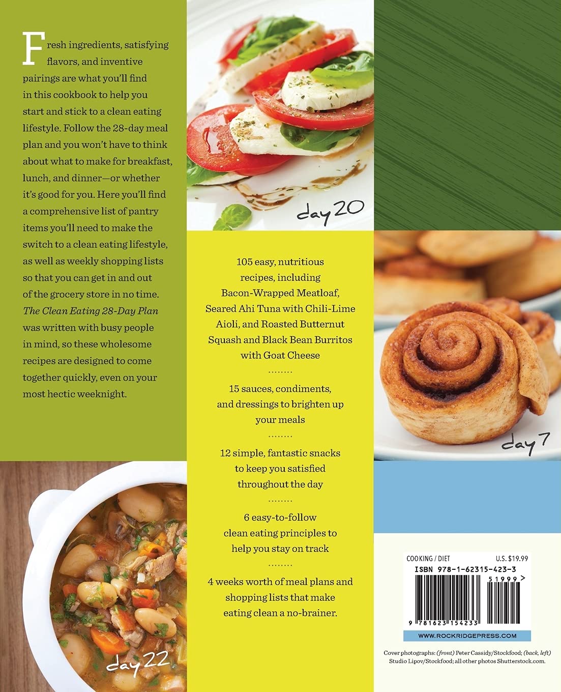Clean Eating 28-Day Plan by Rockridge Press - back cover showing recipes and meal plan details