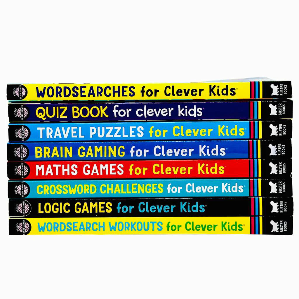 Clever Kids collection set showing Quiz Book, Travel Puzzles, Brain Gaming and Maths Games for Clever Kids paperbacks