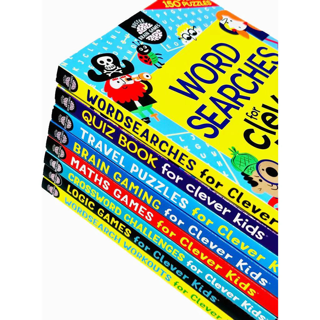 Clever Kids collection set showing Crossword Challenges, Logic Games, Wordsearch Workouts and Wordsearches for Clever Kids paperbacks