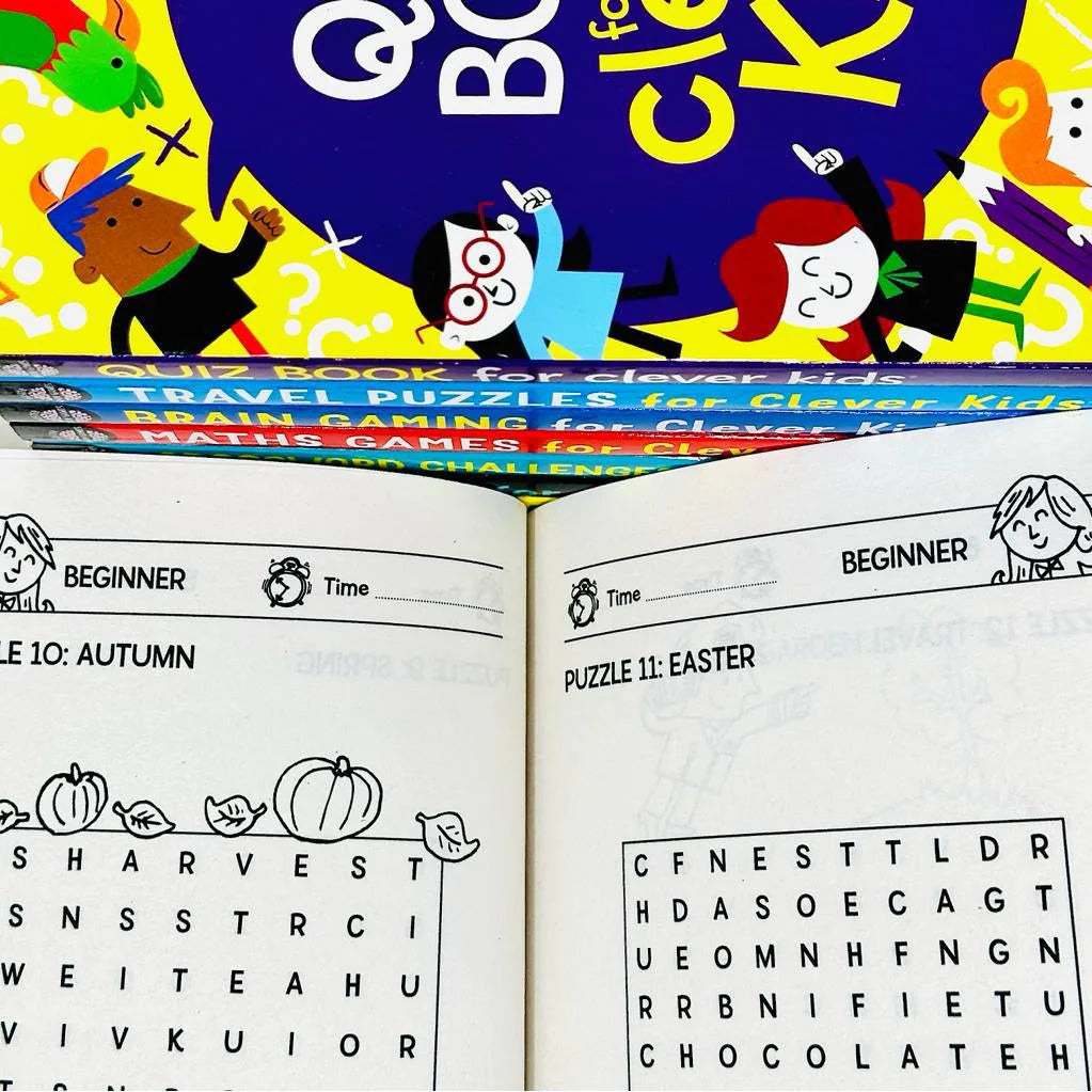 Close up of Clever Kids 8 book puzzle collection set by Gareth Moore, Buster Books paperback editions