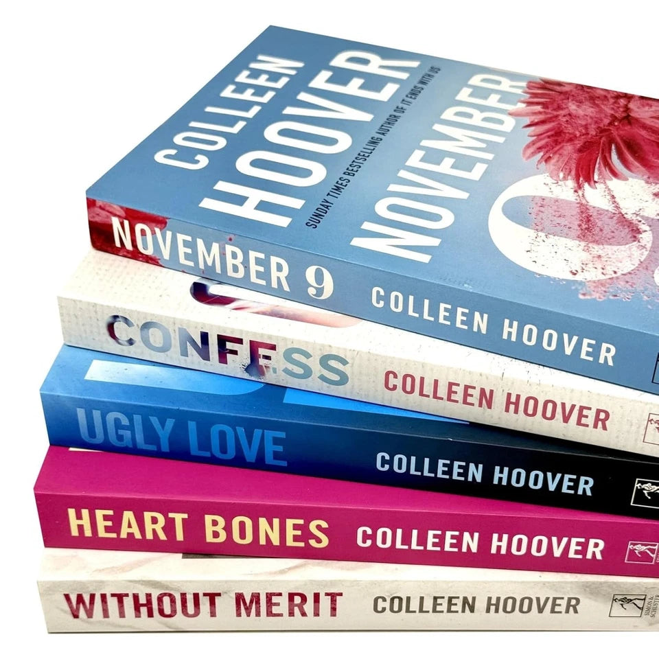 Colleen Hoover 5 Book Paperback Collection - Ugly Love, November 9, Confess, Without Merit, Heart Bones - Book Spines