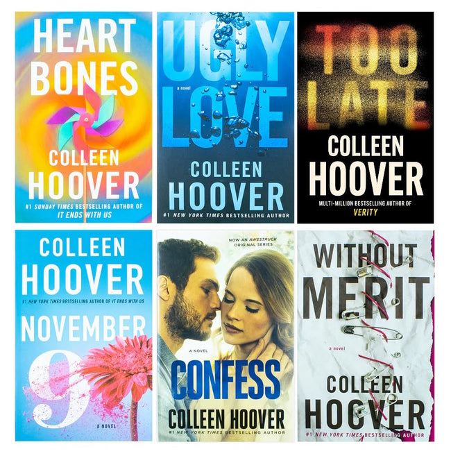 Colleen Hoover 6 Book Collection Set paperback cover featuring Heart Bones, Without Merit, Ugly Love, November 9, Too Late and Confess