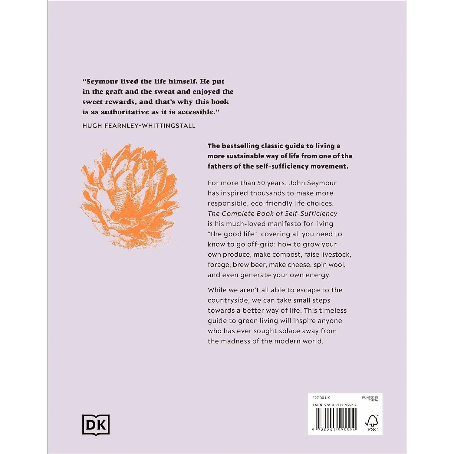 The Complete Book of Self-Sufficiency by John Seymour - Hardback back cover showing sustainable living and homesteading topics