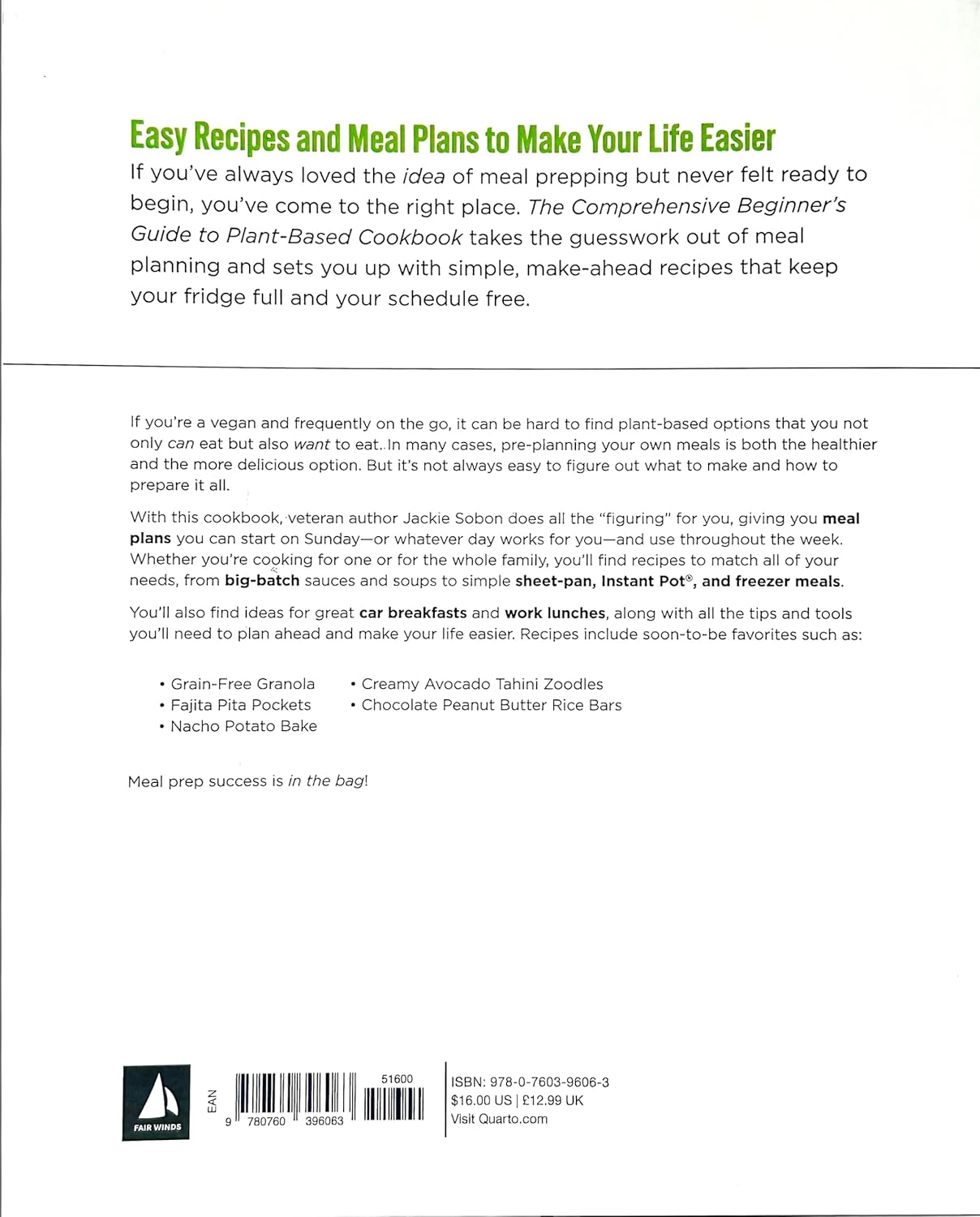 The Comprehensive Beginner's Guide to Plant-Based Cookbook by Jackie Sobon - vegan meal plans paperback cookbook back cover