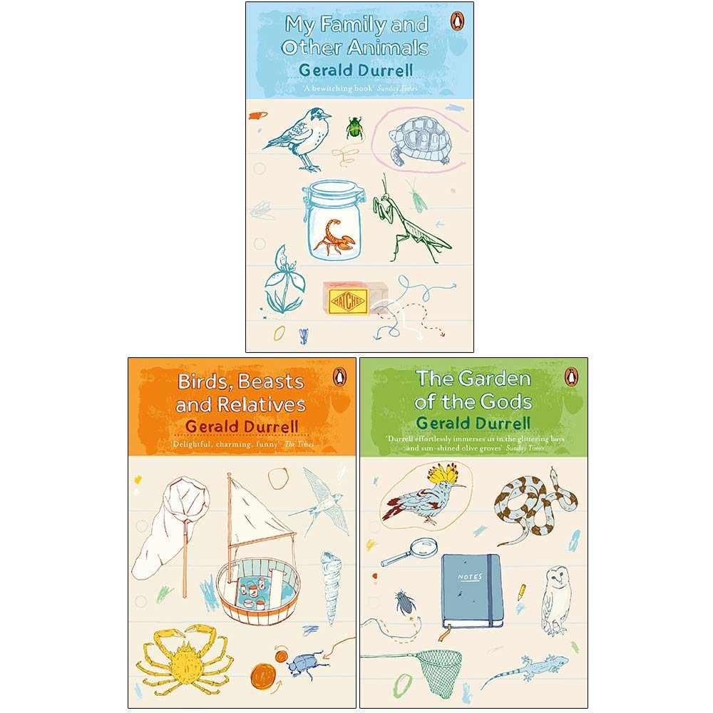 Paperback covers of the Corfu Trilogy 3 book set by Gerald Durrell, featuring the three individual Corfu memoirs