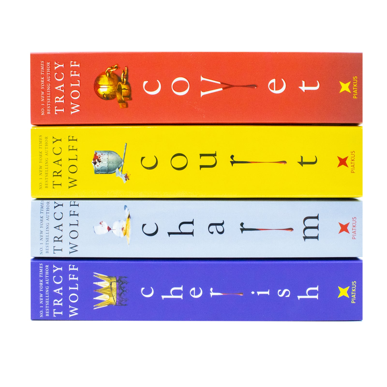 Tracy Wolff Crave series paperback set spines - Charm, Covet, Cherish, Court