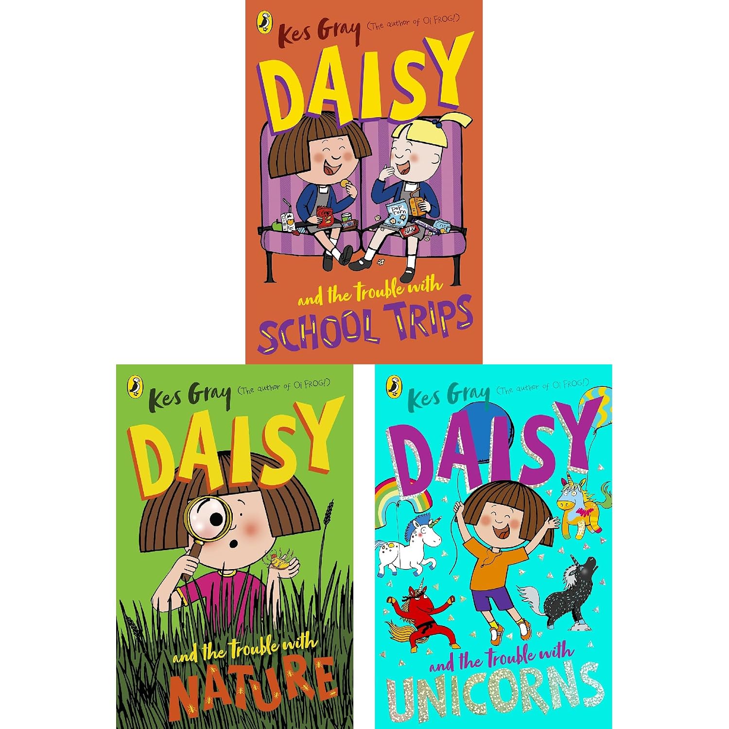 Daisy and the Trouble with School Trips and Nature paperback covers from the 18-book Kes Gray set