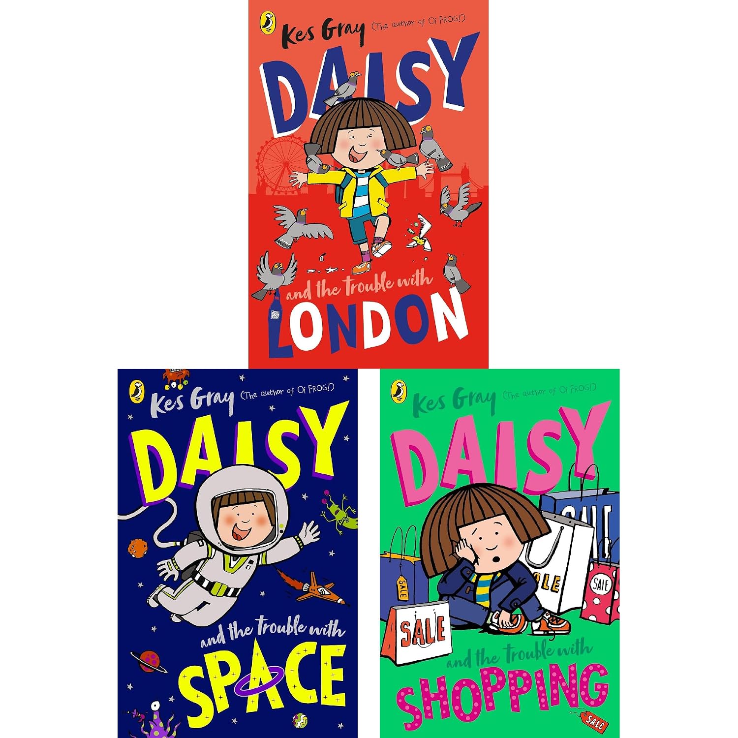 Daisy and the Trouble with Shopping and Piggy Banks paperback covers, Kes Gray Daisy collection ages 5-9