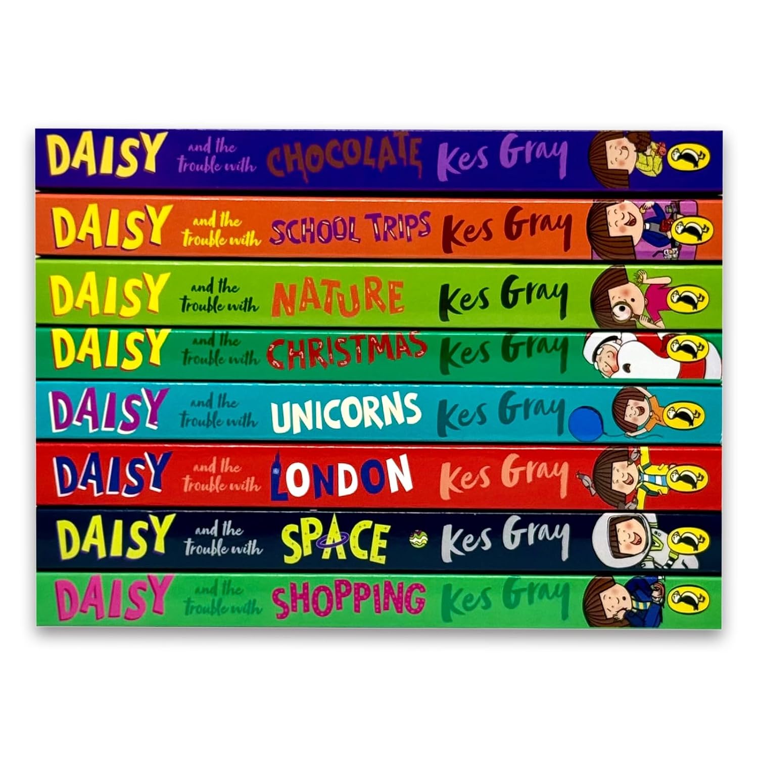 Daisy and the Trouble with Chocolate, School Trips and Nature paperback covers by Kes Gray