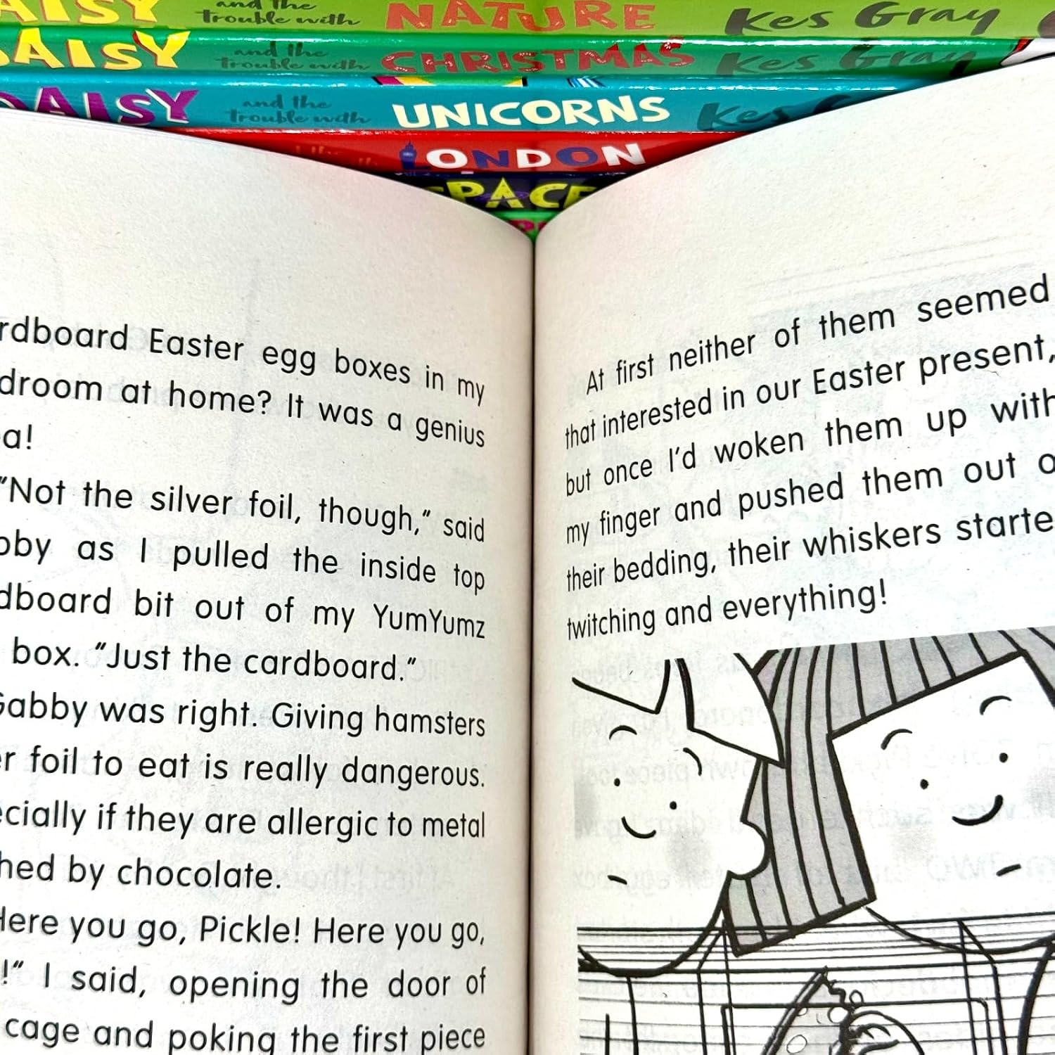 Daisy and the Trouble with Space and Shopping paperback covers by Kes Gray, ages 5-9